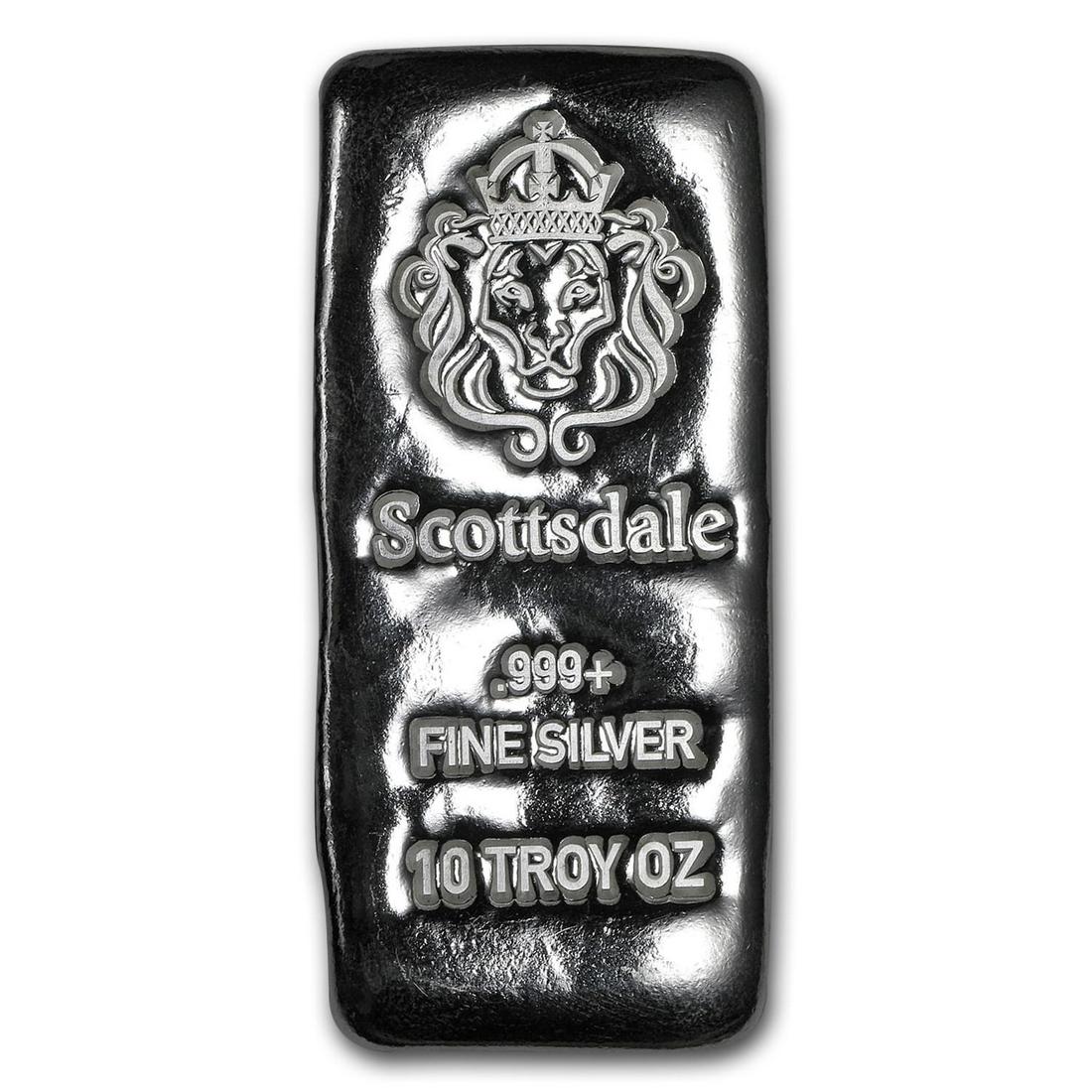 10 oz Silver Cast-Poured Bar - Scottsdale: 10 oz Silver Cast-Poured Bar - Scottsdale Product ID: RBJ151549 Year: N/A Grade: None Grade Service: None Denomination: 10 oz Mint Mark: N/A - Not Available Metal Content: 10 troy oz