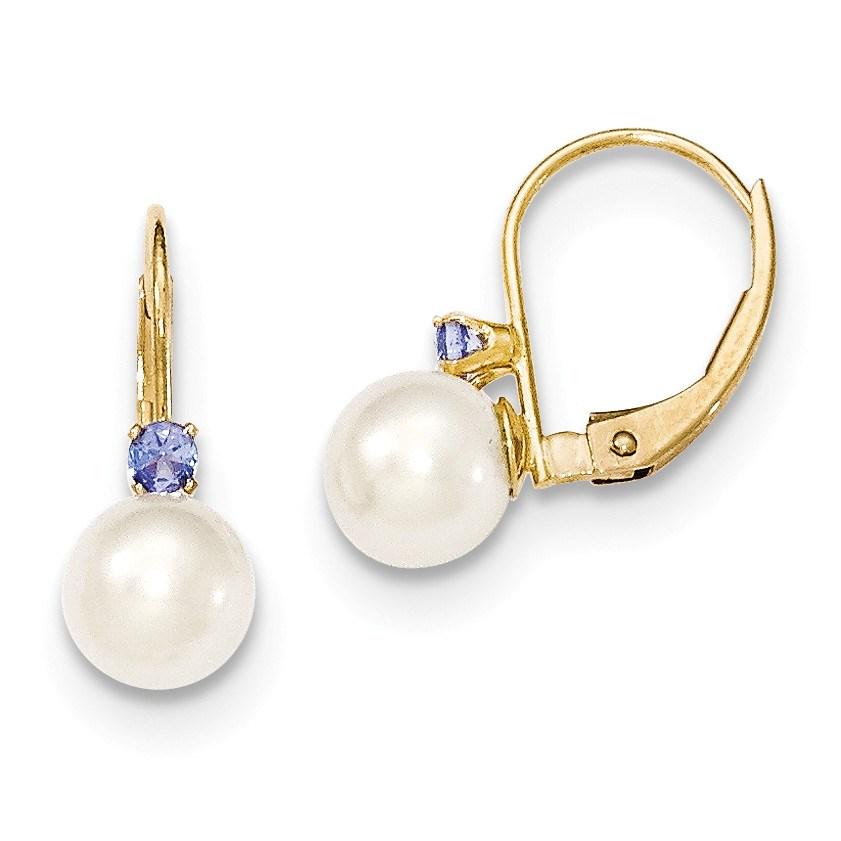 14k 6-6.5 mm Cultured Pearl & .10ct. Tanzanite Leverback Earrings: 14k 6-6.5 mm Cultured Pearl & .10ct. Tanzanite Leverback Earrings Product ID: RBJ163790 Metal: Gold Purity: 14k Length Of Item: 15 mm Stone Type: Pearl Stone Color: White Stone Type 2: Ta