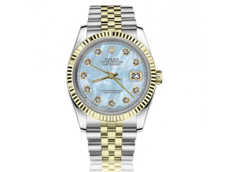 Rolex 36mm Datejust Baby Blue Mother Of Pearl Dial Round & Baguette Diamonds Yellow Gold Bezel: Rolex 36mm Datejust Baby Blue Mother Of Pearl Dial Round & Baguette Diamonds Yellow Gold Bezel SKU: RBJcustom-32089-600b139e197e5-E21A8 Brand: Rolex Condition: Pre-Owned More Details: Rolex 36mm Datej