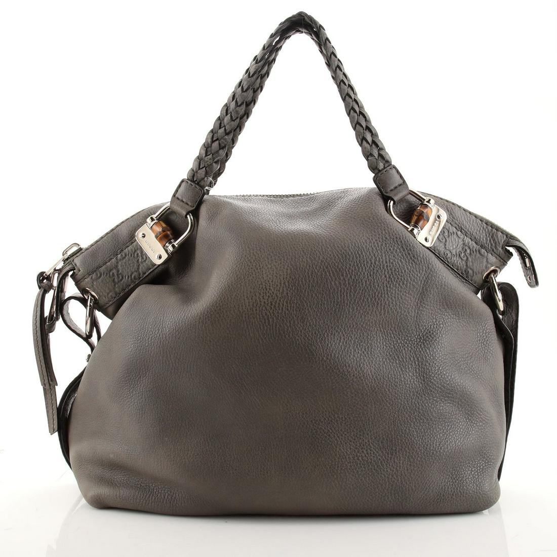 Gucci Bamboo Bar Shoulder Bag Leather Large: Gucci Bamboo Bar Shoulder Bag Leather Large Exterior Color: Gray Interior Color: Black Exterior Material: Leather Interior Material: Fabric Hardware Color: Silver Accessories: Dust bag <