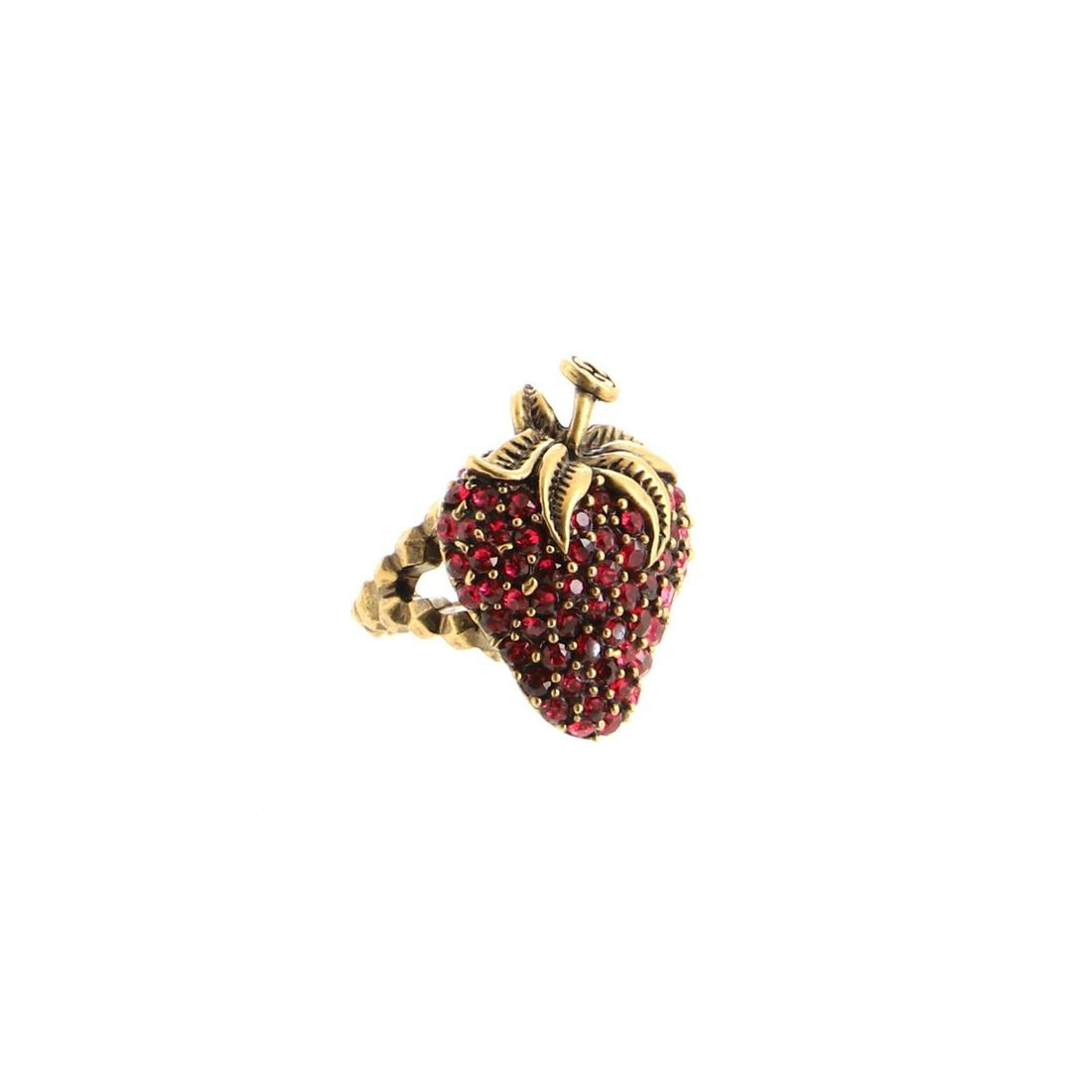 Gucci Strawberry Ring Metal with Crystals: Gucci Strawberry Ring Metal with Crystals Exterior Color: Gold, Pink Collateral: Box: Pouch Store Location: Online Only Material: Aged Gold, Crystal Item No: 134197/3 SIZE AND FIT: Size: 7.75, Wid