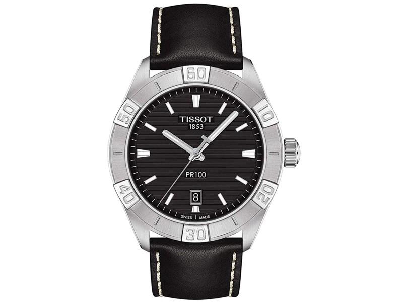 Tissot Mens PR 100: Tissot Mens PR 100 SKU: RBJT1016101605100-39B2A Brand: Tissot Condition: Never Worn Stainless steel case, Leather strap, Black dial, Quartz movement, Scratchresistant sapphire, Water resistant up to 1