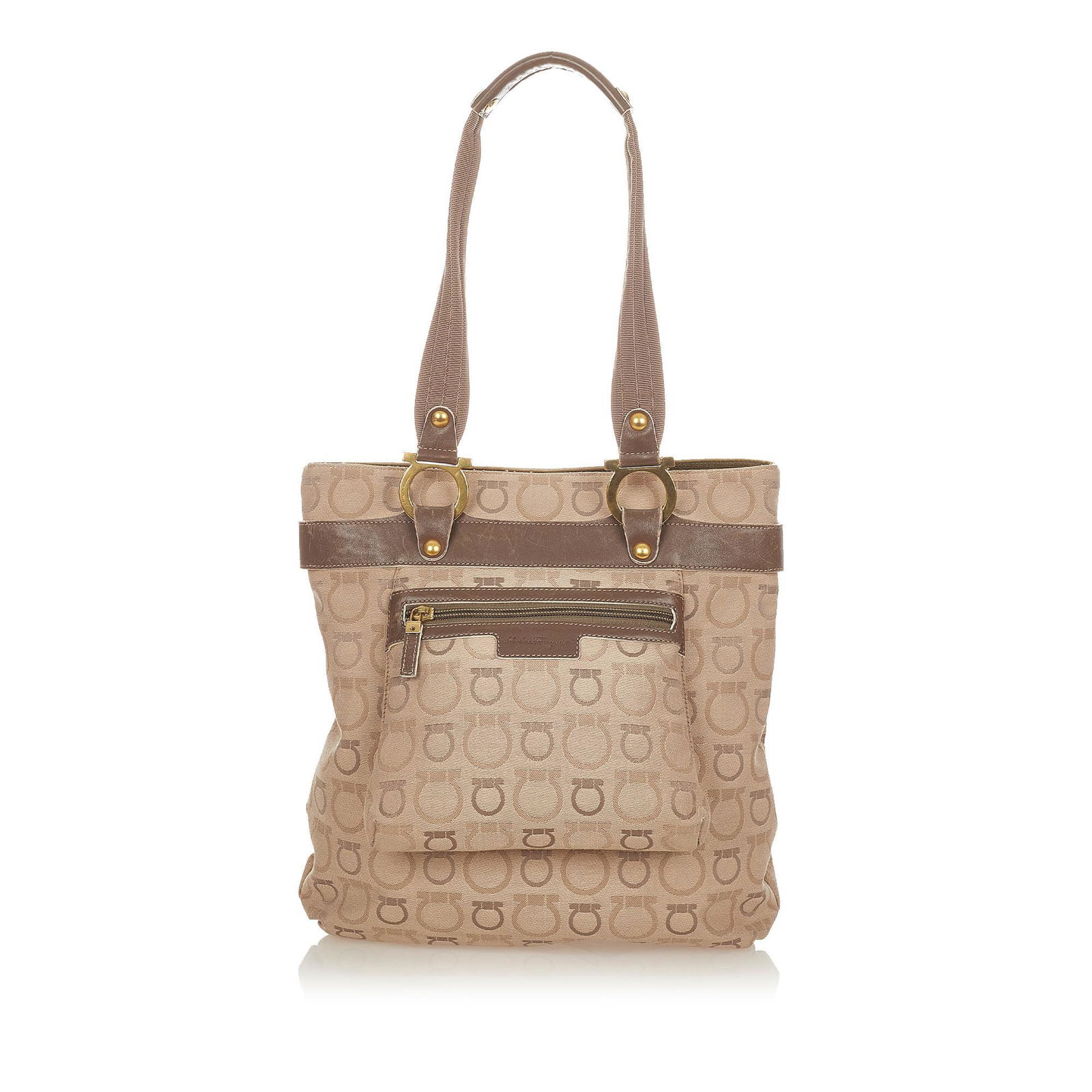 Salvatore Ferragamo Gancini Canvas Shoulder Bag: Salvatore Ferragamo Gancini Canvas Shoulder Bag Condition Quality: Fair Color: Brown Height: 11.5 in. Length: 11.25 in. Material: Canvas Width: 1.75 in. Item Condition: Pre Owned