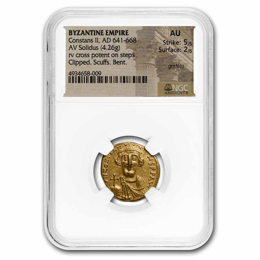 Byzantine Gold Solidus Constans II (641-668 AD) AU NGC (S-938): Byzantine Gold Solidus Constans II (641-668 AD) AU NGC (S-938) Product ID: 246897 Year: 641-668 AD Grade Service: NGC Denomination: Solidus Metal Content: 0.12 troy oz Purity: N/A Thickness: 1.4 mm