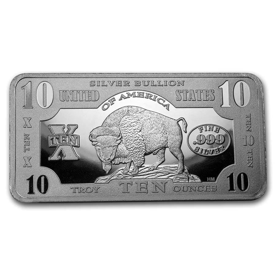 10 oz Silver Bar - 1901 $10 Bison: 10 oz Silver Bar - 1901 $10 Bison SKU: RBJ186874 Year: N/A Grade: None Grade Service: None Denomination: 1 oz Mint Mark: N/A - Not Available Metal Content: 10 troy oz Purity: .99
