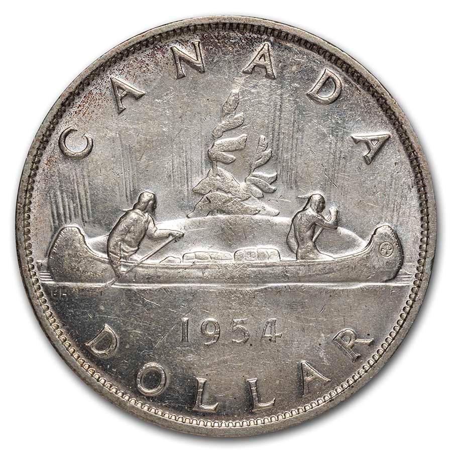 1954 Canada Silver Dollar Elizabeth II AU: 1954 Canada Silver Dollar Elizabeth II AU SKU: RBJ178296 Year: 1954 Grade: Almost Unc Grade Service: None Denomination: $1.00 Mint Mark: RCM (Not Shown) Metal Content: 0.6 troy oz