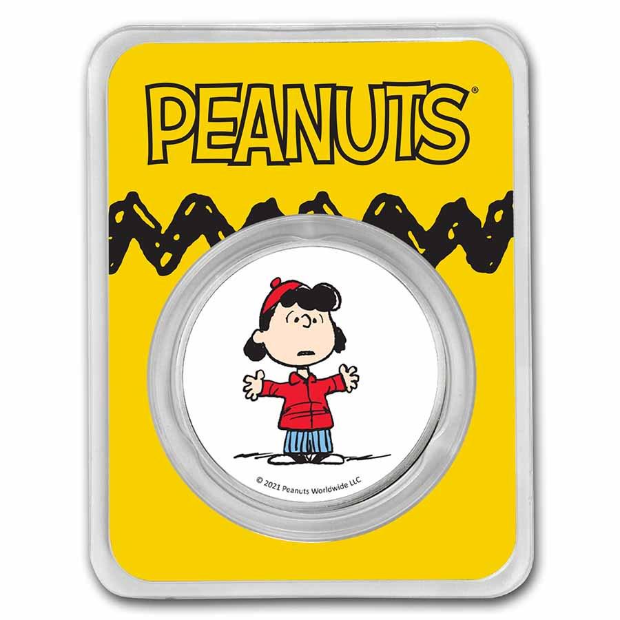 Peanuts Lucy Van Pelt 1 oz Colorized Silver Round: Peanuts Lucy Van Pelt 1 oz Colorized Silver Round SKU: RBJ231120 Year: 2021 Grade: None Grade Service: None Mint Mark: N/A - Not Available Metal Content: 1 troy oz Purity: .999 T