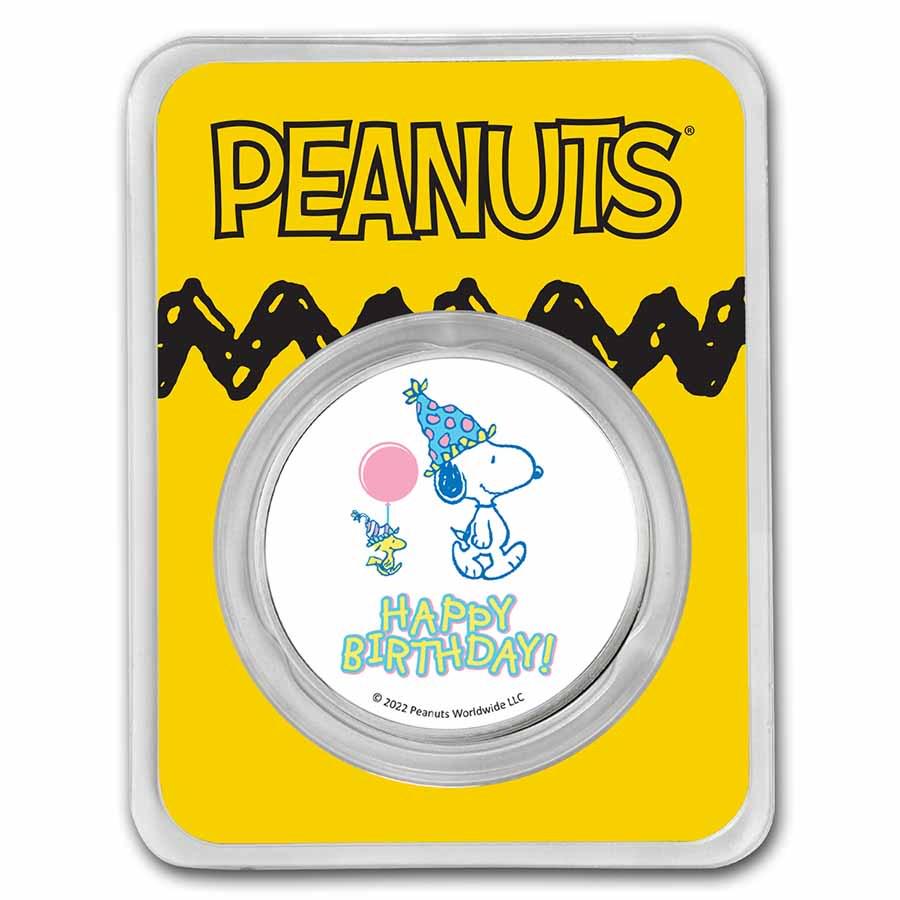 Peanuts Snoopy & Woodstock Happy Birthday 1 oz Colorized Silver: Peanuts Snoopy & Woodstock Happy Birthday 1 oz Colorized Silver SKU: RBJ247432 Year: N/A Grade: None Grade Service: None Mint Mark: N/A - Not Available Metal Content: 1 troy oz Purity: .9