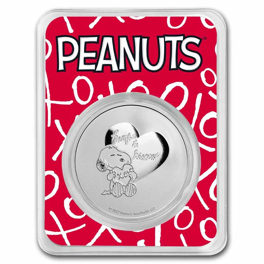 Peanuts Snoopy Hearts Valentines Day 1 oz Silver in TEP: Peanuts Snoopy Hearts Valentines Day 1 oz Silver in TEP SKU: RBJ244076 Year: 2022 Grade: None Grade Service: Other Mint Mark: N/A - Not Available Metal Content: 1 troy oz Purity: .999