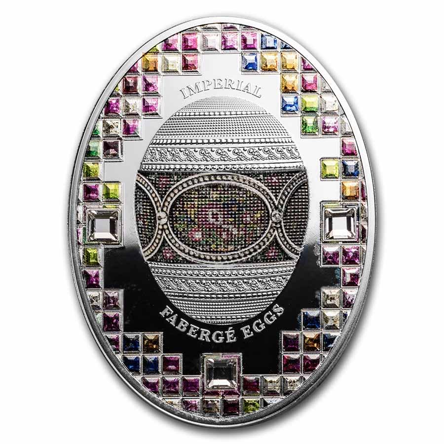 2021 Niue Silver Faberge Eggs Mosaic Egg: 2021 Niue Silver Faberge Eggs Mosaic Egg SKU: RBJ244045 Year: 2021 Grade: Proof Grade Service: None Denomination: 2 Dollars Mint Mark: Not Shown Metal Content: 1.82 troy oz Purit