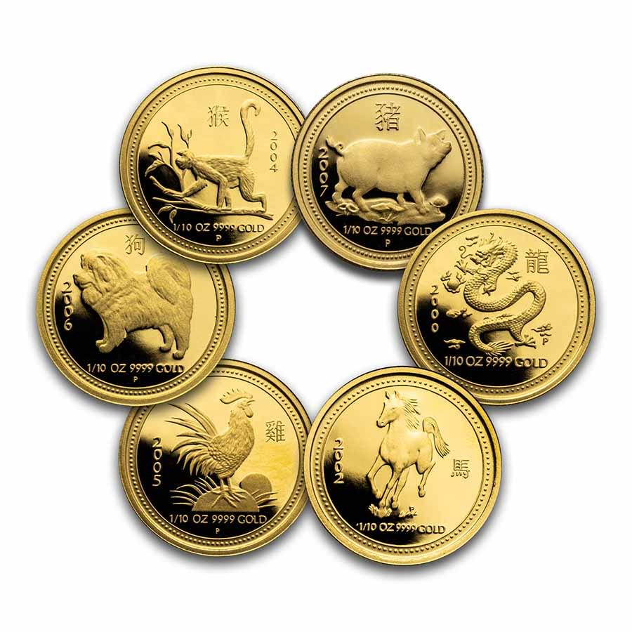 Australia 1/10 oz Gold Proof Lunar Coin (Series I, Random Year): Australia 1/10 oz Gold Proof Lunar Coin (Series I, Random Year) SKU: 235695 Year: Random Grade: Proof Grade Service: None Denomination: 15 Dollars Mint Mark: Perth Mint (Not Shown) Metal