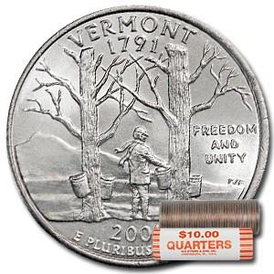 2001-D Vermont Statehood Quarter 40-Coin Roll BU: 2001-D Vermont Statehood Quarter 40-Coin Roll BU SKU: 8113 Year: 2001 Grade: Brilliant Unc Grade Service: None Denomination: 25 Cents Mint Mark: D - Denver Metal Content: 0 troy oz