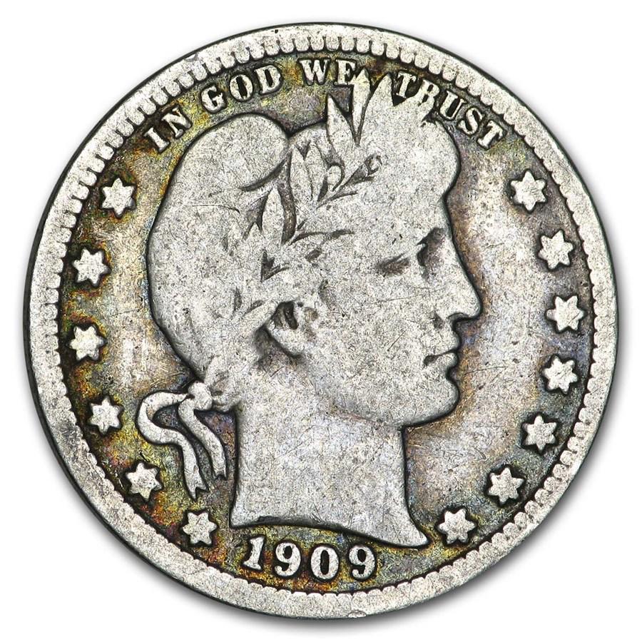 1909 Barber Quarter Good/VG: 1909 Barber Quarter Good/VG SKU: 13889 Year: 1909 Grade: Good/Very Good Grade Service: None Denomination: $0.25 Mint Mark: P - Philadelphia (Not Shown) Metal Content: 0.1788 troy oz <