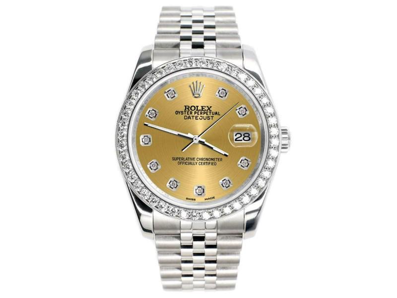 Rolex Datejust 116200 36mm 1.85ct Diamond Bezel/Champagne Dial Steel Watch: Rolex Datejust 116200 36mm 1.85ct Diamond Bezel/Champagne Dial Steel Watch Product Code: 254922338119-E Brand: Rolex Condition: Pre-Owned Model: Datejust, Reference 116200 Details: Item Specifics:Beze