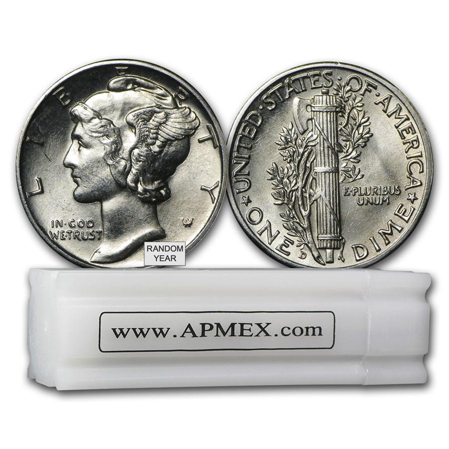 90% Silver Mercury Dime 50-Coin Roll BU (Random Years): 90% Silver Mercury Dime 50-Coin Roll BU (Random Years) SKU: 63829 Year: Random Grade: Brilliant Unc Grade Service: None Denomination: $0.10 Mint Mark: Varies Metal Content: 3.575 troy oz