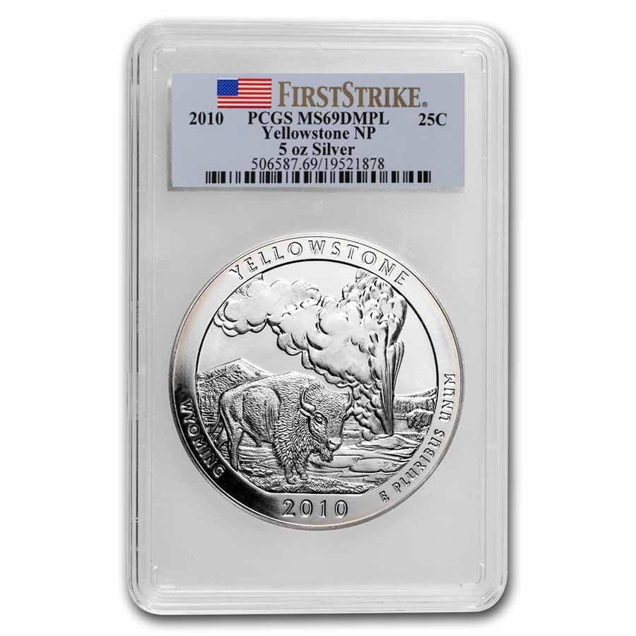 2010 5 oz Silver ATB Yellowstone MS-69 DMPL PCGS (FirstStrike): 2010 5 oz Silver ATB Yellowstone MS-69 DMPL PCGS (FirstStrike) Product ID: 62851 Year: 2010 Grade Service: PCGS Denomination: 25 Cents Metal Content: 5 troy oz Purity: .999 Thickness: 4.0