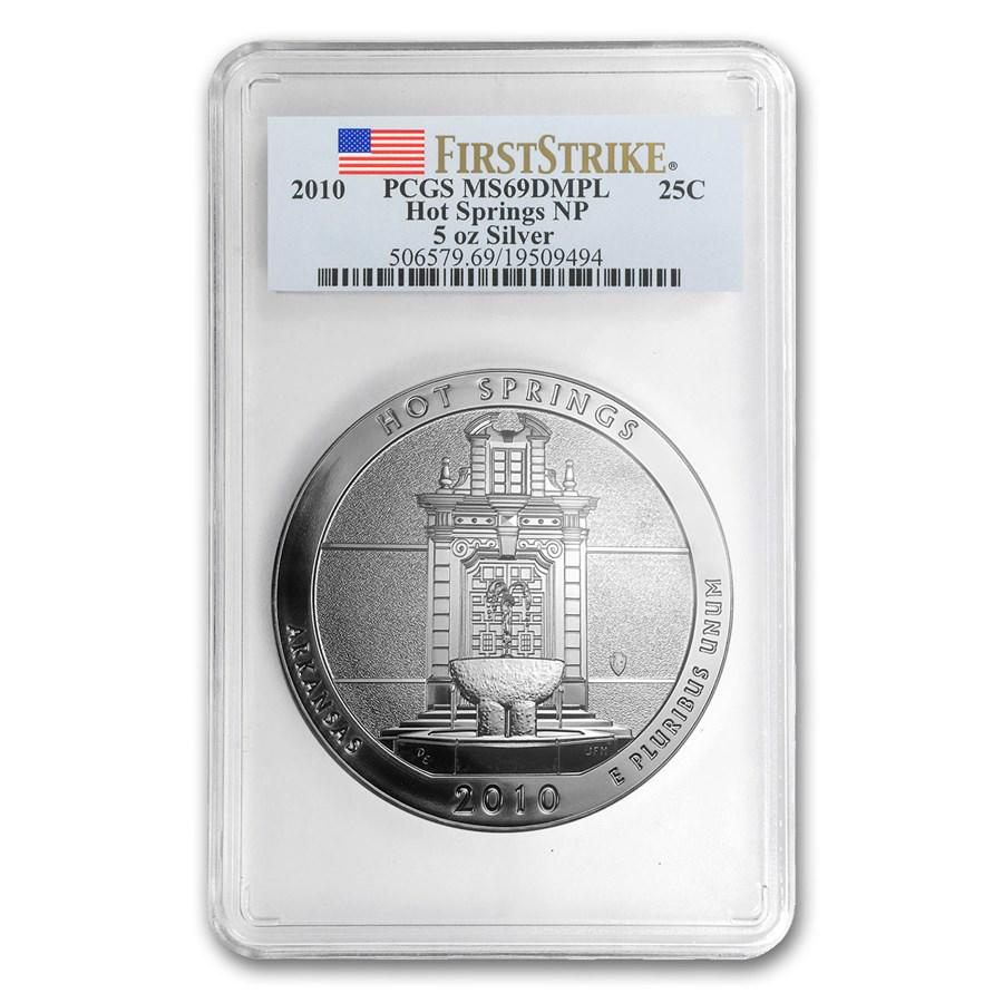 2010 5 oz Silver ATB Hot Springs MS-69 DMPL PCGS (FirstStrike): 2010 5 oz Silver ATB Hot Springs MS-69 DMPL PCGS (FirstStrike) Product ID: 63036 Year: 2010 Grade Service: PCGS Denomination: 25 Cents Metal Content: 5 troy oz Purity: .999 Thickness: 4.0