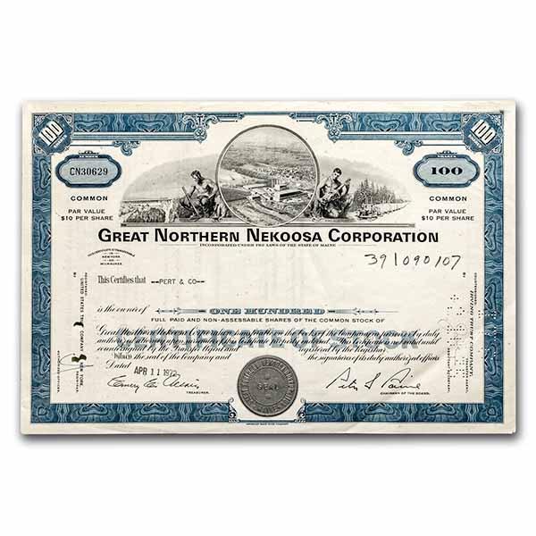 Great Northern Nekoosa Corporation Stock Certificate (Blue): Great Northern Nekoosa Corporation Stock Certificate (Blue) SKU: 238533 Year: 1970s Grade: None Grade Service: None Mint Mark: N/A - Not Available Metal Content: 0 troy oz Purity: N/A