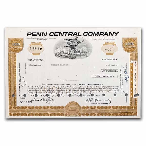 Penn Central Company Stock Certificate (Brown): Penn Central Company Stock Certificate (Brown) SKU: 238430 Year: 1970s Grade: None Grade Service: None Mint Mark: N/A - Not Available Metal Content: 0 troy oz Purity: N/A Thickne