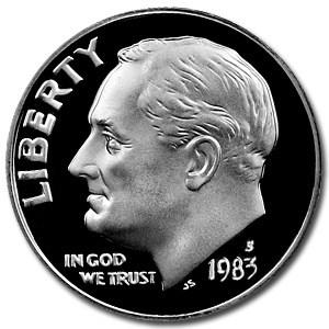 1983-S Roosevelt Dime Gem Proof: 1983-S Roosevelt Dime Gem Proof SKU: 8687 Year: 1983 Grade: Gem Proof Grade Service: None Denomination: 10 Cents Mint Mark: S - San Francisco Metal Content: 0 troy oz Purity: N/A