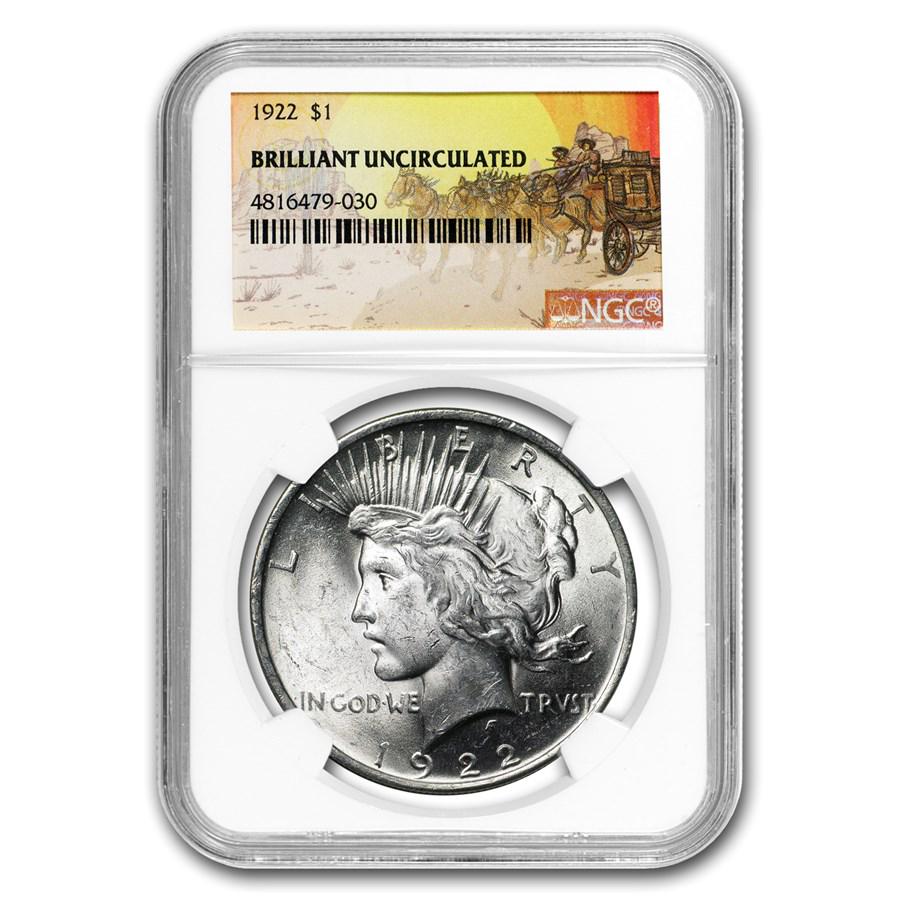 1922 Stage Coach Peace Dollar BU NGC: 1922 Stage Coach Peace Dollar BU NGC SKU: 169387 Year: 1922 Grade: Brilliant Unc Grade Service: NGC Denomination: $1.00 Mint Mark: P - Philadelphia (Not Shown) Metal Content: 0.7734 troy