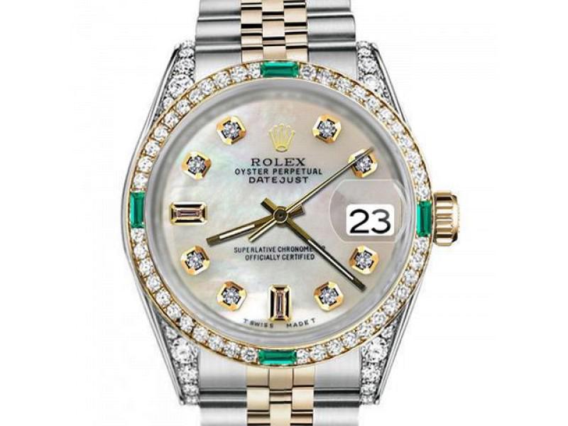 Mens Rolex 36mm Datejust Two Tone Jubilee White MOP Mother Of Pearl 8 + 2 Diamond Dial Bezel + Lugs: Mens Rolex 36mm Datejust Two Tone Jubilee White MOP Mother Of Pearl 8 + 2 Diamond Dial Bezel + Lugs + Emerald Product Code: 35887-E21A8 Brand: Rolex Condition: Pre-Owned Details: Mens Rolex 36mm Datej
