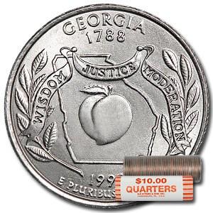 1999-D Georgia Statehood Quarter 40-Coin Roll BU: 1999-D Georgia Statehood Quarter 40-Coin Roll BU Product ID: 8092 Year: 1999 Grade: Brilliant Unc Grade Service: None Denomination: 25 Cents Mint Mark: D - Denver Metal Content: 0 troy oz