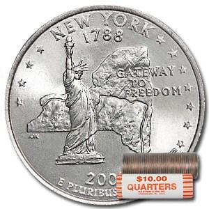 2001-P New York Statehood Quarter 40-Coin Roll BU: 2001-P New York Statehood Quarter 40-Coin Roll BU Product ID: 8106 Year: 2001 Grade: Brilliant Unc Grade Service: None Denomination: 25 Cents Mint Mark: P - Philadelphia Metal Content: 0