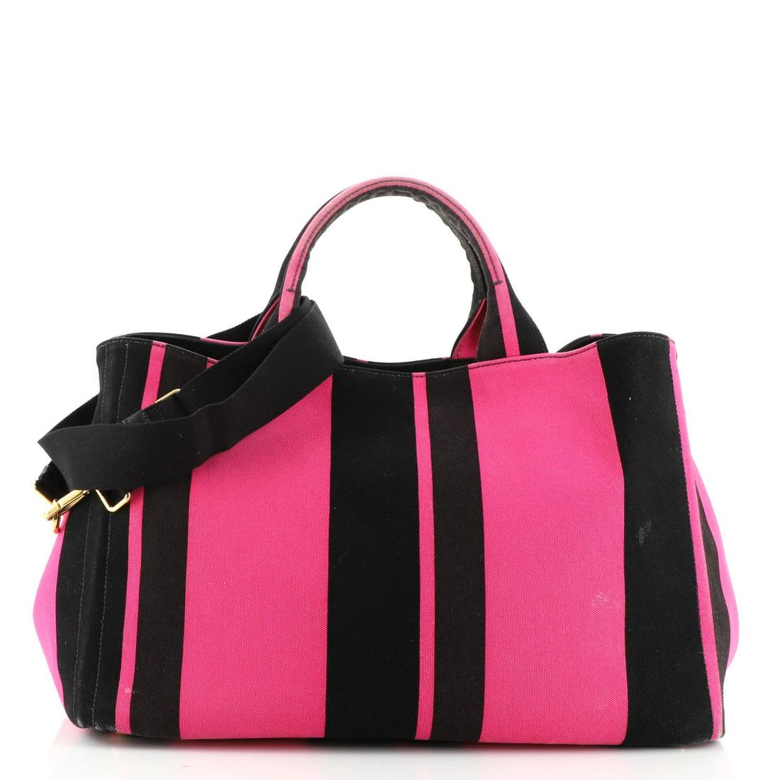 Prada Canapa Tote Printed Canvas Large: Prada Canapa Tote Printed Canvas Large Exterior Color: Black, Pink, Multicolor Interior Color: Black Exterior Material: Canvas Plain Interior Material: Canvas Interior Hardware Color: Gold Accesso