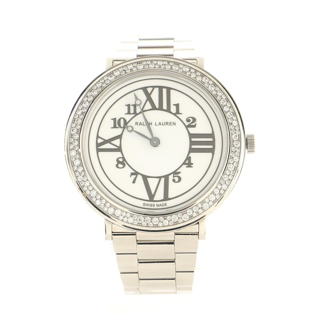 Ralph Lauren Collection RL888 Quartz Watch Stainless Steel with Diamond Bezel 38: Ralph Lauren Collection RL888 Quartz Watch Stainless Steel with Diamond Bezel 38 Dial Color: White Band Color: Silver Band Material: Stainless Steel Case Material: Stainless Steel Movement: Quartz <br
