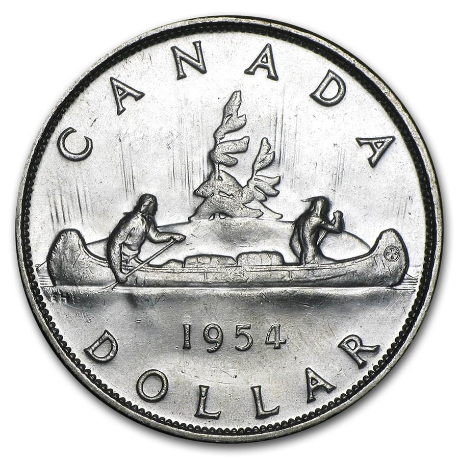 1954 Canada Silver Dollar Elizabeth II BU: 1954 Canada Silver Dollar Elizabeth II BU Product ID: 33790 Year: 1954 Grade: Brilliant Unc Grade Service: None Denomination: $1.00 Mint Mark: RCM (Not Shown) Metal Content: 0.6 troy oz <