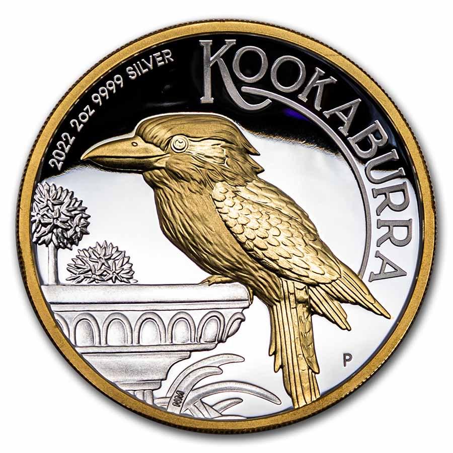 2022 Australia 2 oz Ag Gilded Australian Kookaburra Proof (HR): 2022 Australia 2 oz Ag Gilded Australian Kookaburra Proof (HR) Product ID: 249850 Year: 2022 Grade: None Grade Service: None Denomination: 2 Dollars Mint Mark: P - Perth Metal Content: 2