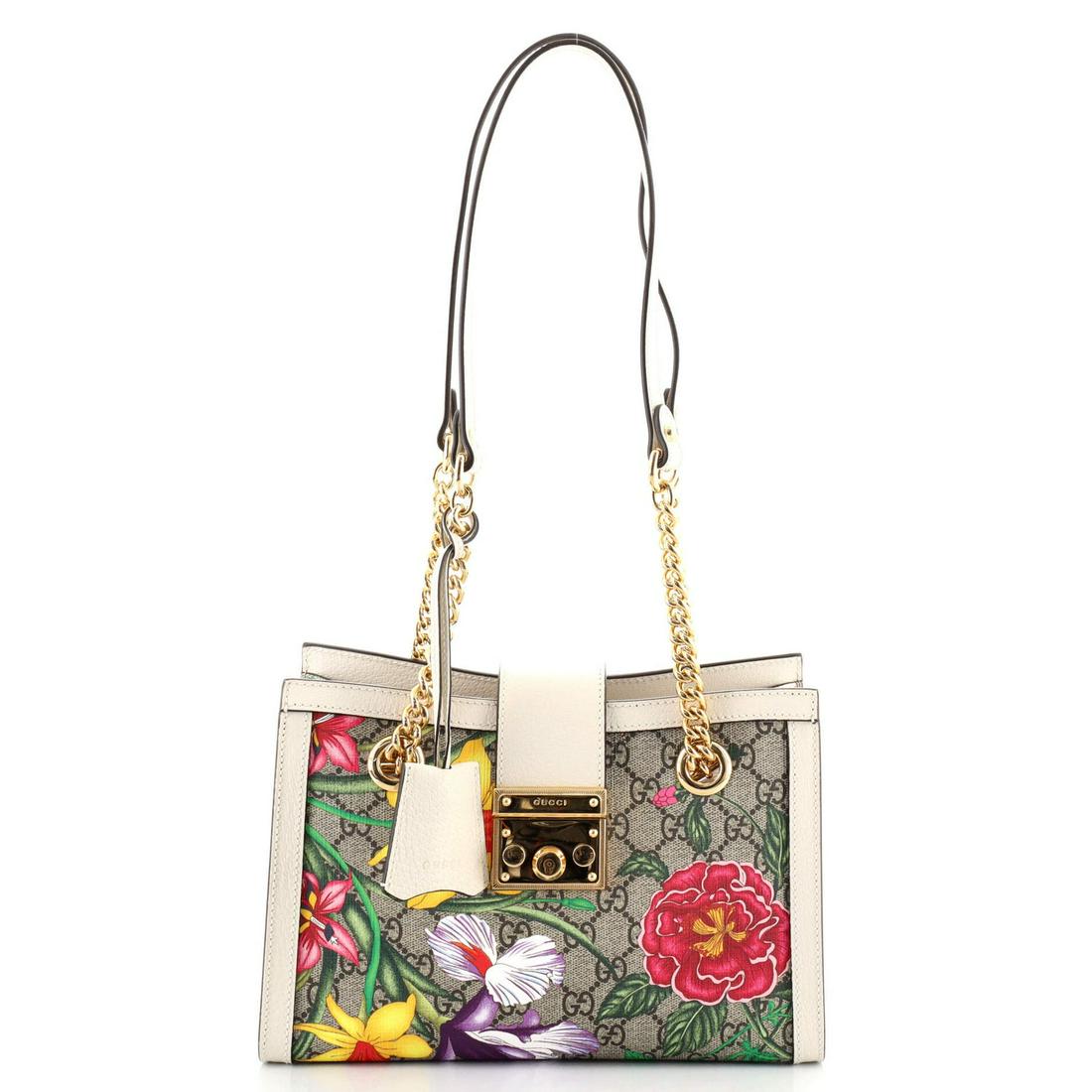 Gucci Padlock Chain Tote Flora GG Coated Canvas Small: Gucci Padlock Chain Tote Flora GG Coated Canvas Small Exterior Color: Brown, Print Interior Color: Neutral Exterior Material: Canvas Coated Interior Material: Microfiber Hardware Color: Gold Acces