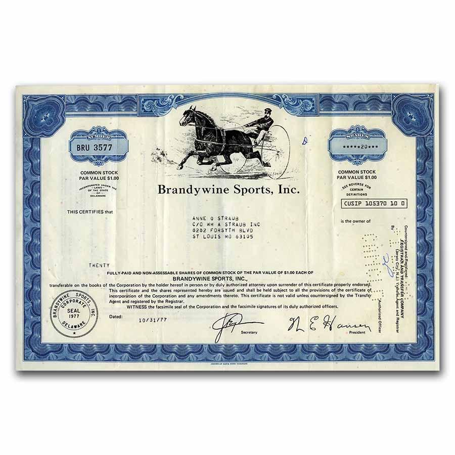 Brandywine Sports, Inc Stock Certificate (Harness Racer): Brandywine Sports, Inc Stock Certificate (Harness Racer) Product ID: 50779 Year: N/A Grade: None Grade Service: None Denomination: N/A Mint Mark: N/A - Not Available Metal Content: 0 troy