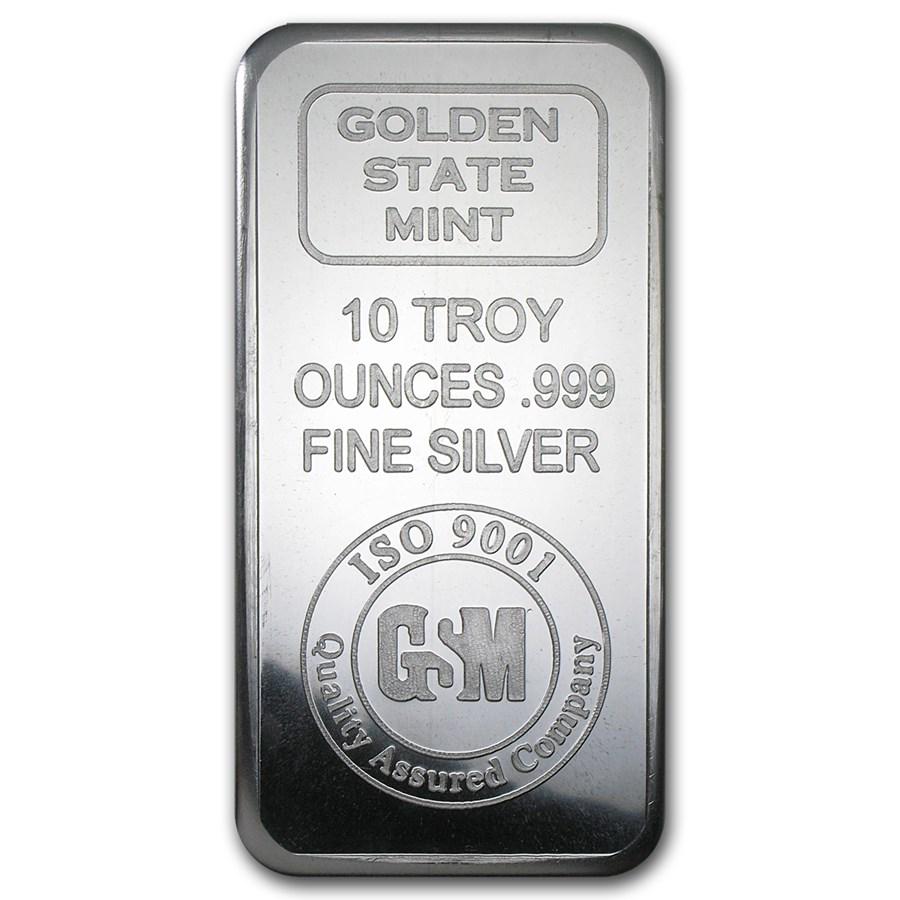 10 oz Silver Bar - Golden State Mint (ISO): 10 oz Silver Bar - Golden State Mint (ISO) Product ID: 87602 Year: N/A Grade: None Grade Service: None Denomination: 10 oz Mint Mark: N/A - Not Available Metal Content: 10 troy oz