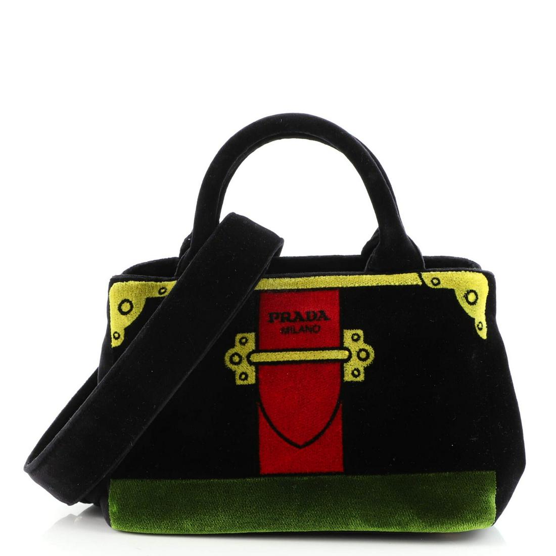 Prada Canapa Convertible Shopping Tote Printed Velvet Small: Prada Canapa Convertible Shopping Tote Printed Velvet Small Exterior Color: Black, Print Interior Color: Black Exterior Material: Velvet Interior Material: Fabric Hardware Color: Gold Accessories: