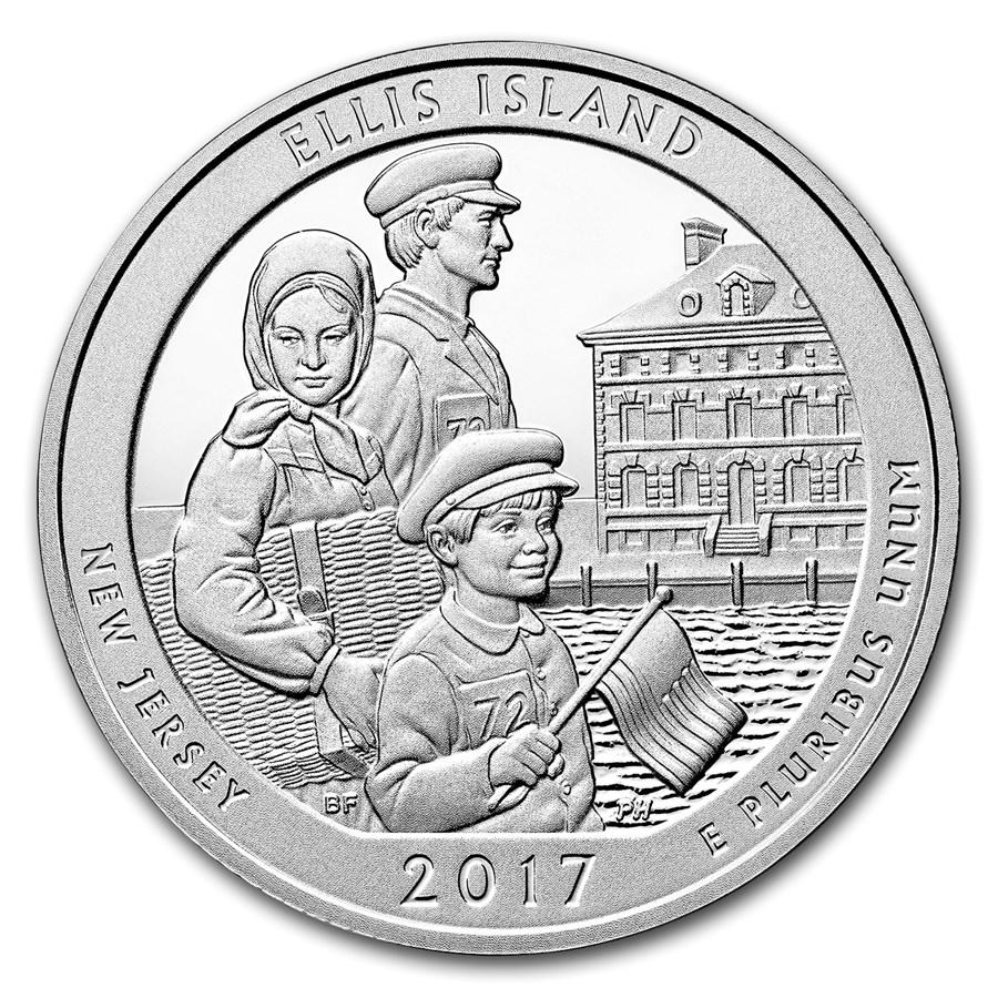 2017 5 oz Silver ATB Ellis Island National Monument, NJ: 2017 5 oz Silver ATB Ellis Island National Monument, NJ RBJ No: 102388 Year: 2017 Grade: Brilliant Unc Grade Service: None Denomination: 25 Cents Mint Mark: P - Philadelphia (Not Shown) M