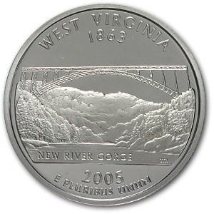 2005-S West Virginia State Quarter Gem Proof (Silver): 2005-S West Virginia State Quarter Gem Proof (Silver) RBJ No: 48075 Year: 2005 Grade: Gem Proof Grade Service: None Denomination: 25 Cents Mint Mark: S - San Francisco Metal Content: 0.18
