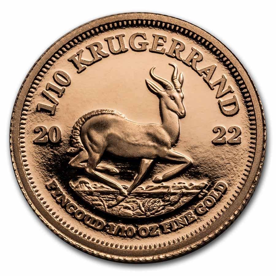 2022 South Africa 1/10 oz Proof Gold Krugerrand: 2022 South Africa 1/10 oz Proof Gold Krugerrand RBJ No: 243219 Year: 2022 Grade: Proof Grade Service: None Mint Mark: Not Shown Metal Content: 0.1 troy oz Purity: .9167 Thickness