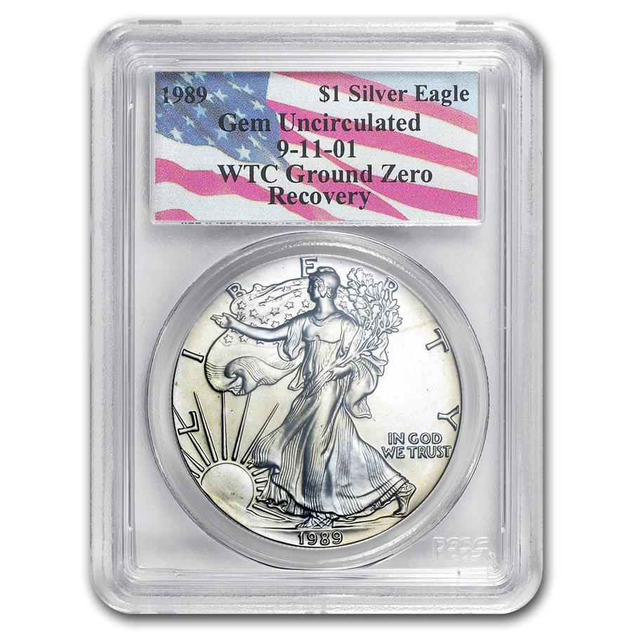 1989 American Silver Eagle Gem Unc PCGS (World Trade Center): 1989 American Silver Eagle Gem Unc PCGS (World Trade Center) RBJ No: 26395 Year: 1989 Grade: Gem Brilliant Unc Grade Service: PCGS Denomination: $1.00 Dollar Mint Mark: W - West Point (Not Shown)