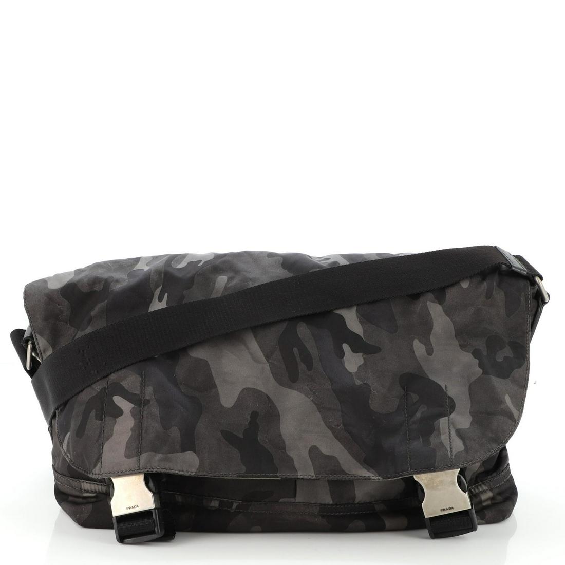 Prada Camouflage Messenger Bag Tessuto Medium: Prada Camouflage Messenger Bag Tessuto Medium Exterior Color: Green, Print Interior Color: Black Exterior Material: Nylon Interior Material: Fabric Hardware Color: Silver Accessories: Dust bag