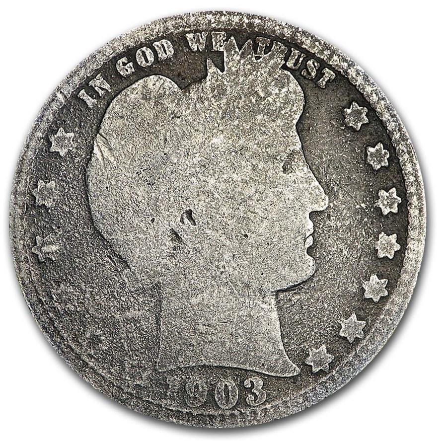 1903-O Barber Quarter AG: 1903-O Barber Quarter AG RBJ No: 13852 Year: 1903 Grade: Almost Good Grade Service: None Denomination: $0.25 Mint Mark: O - New Orleans Metal Content: 0.1788 troy oz Purity: .900