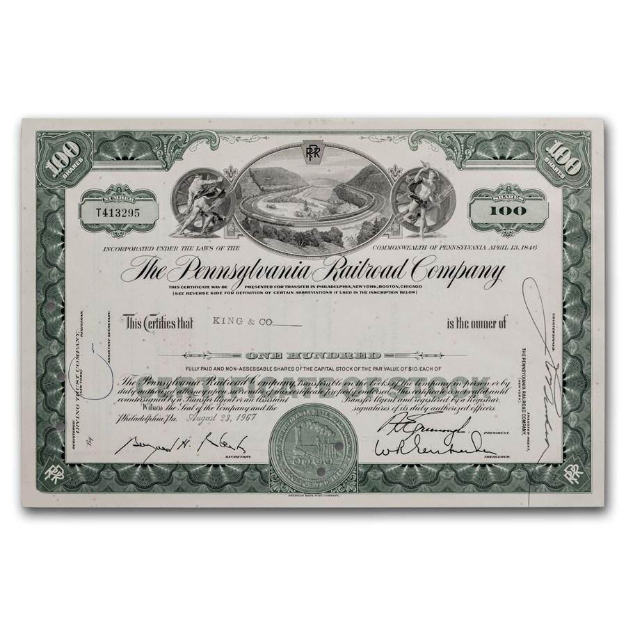 The Pennsylvania Railroad Company Stock Certificate (Green): The Pennsylvania Railroad Company Stock Certificate (Green) Product ID: 48454 Year: 1950-60s Grade: None Grade Service: None Denomination: N/A Mint Mark: N/A - Not Available Metal Content