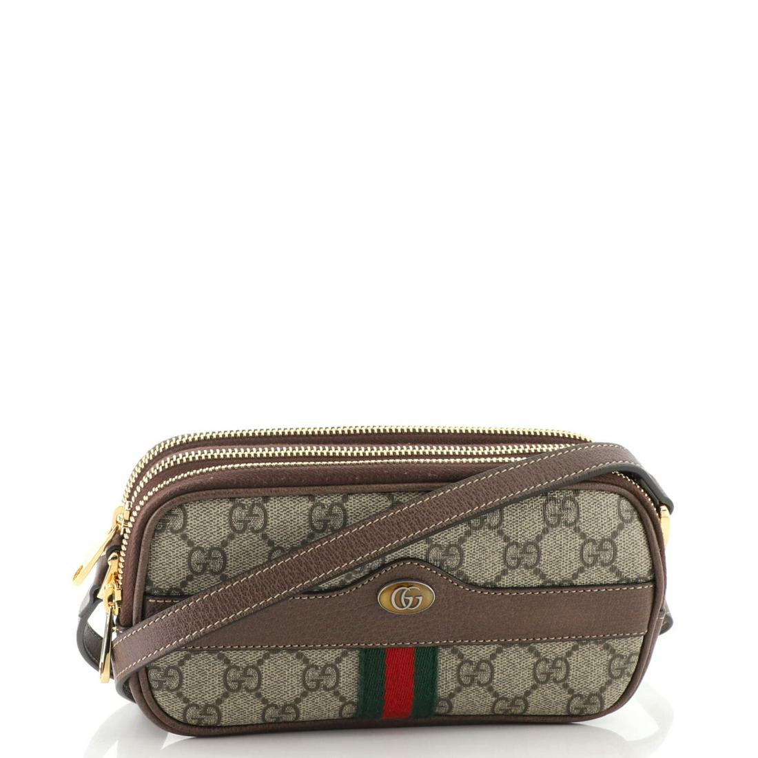 Gucci Ophidia Triple Zip Crossbody Bag GG Coated Canvas Mini: Gucci Ophidia Triple Zip Crossbody Bag GG Coated Canvas Mini Exterior Color: Brown Interior Color: Neutral Exterior Material: Canvas Coated Interior Material: Microfiber Hardware Color: Gold Acces