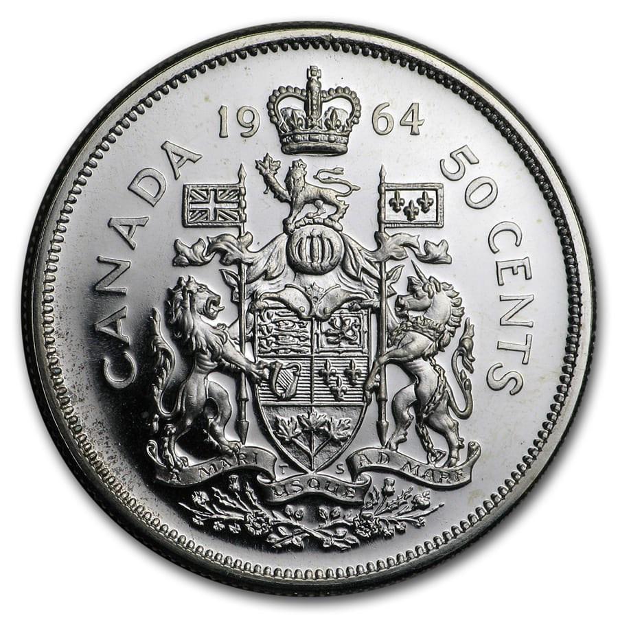 1964 Canada Silver 50 Cents Elizabeth II BU/Prooflike: 1964 Canada Silver 50 Cents Elizabeth II BU/Prooflike Product ID: 178329 Year: 1964 Grade: BU &/or Proof Grade Service: None Denomination: 50 Cents Mint Mark: RCM (Not Shown) Metal Conten
