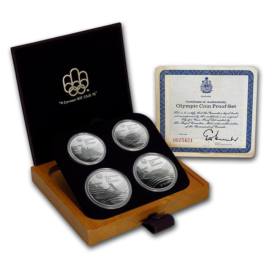 1973-1976 Canada 4-Coin Silver Montreal Olympics Proof Set: 1973-1976 Canada 4-Coin Silver Montreal Olympics Proof Set Product ID: 77146 Year: 1973 Grade: Proof Grade Service: None Denomination: (2) $5, (2) $10 Mint Mark: RCM (Not Shown) Metal Con