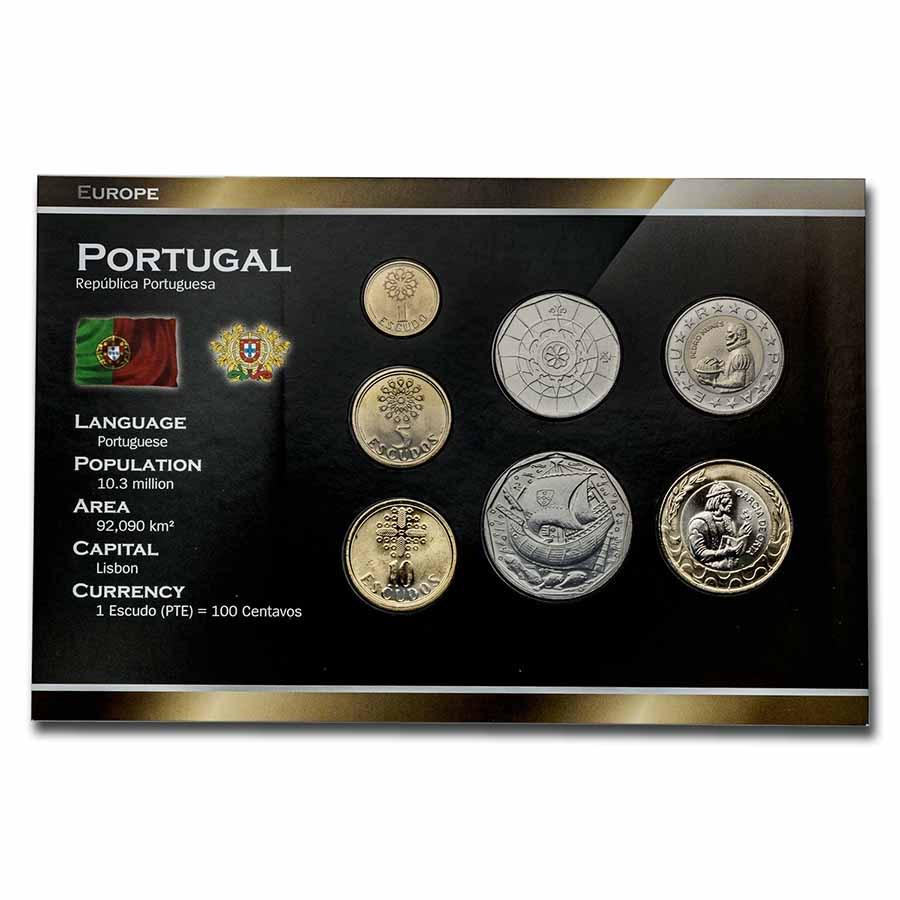 2001 Portugal Pre-Euro 7-Coin Set BU: 2001 Portugal Pre-Euro 7-Coin Set BU Product ID: 232417 Year: 2001 Grade: Brilliant Unc Grade Service: None Denomination: Varies Mint Mark: Not Shown Metal Content: 0 troy oz Pur