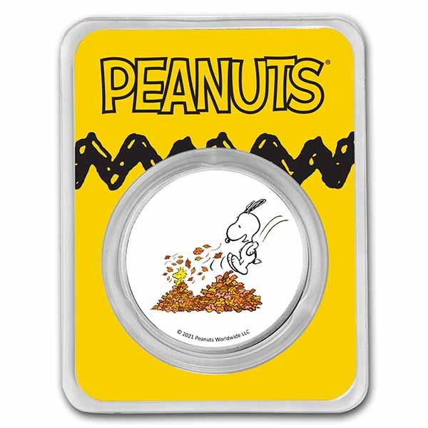 Peanuts Snoopy & Woodstock Leaf Pile 1 oz Colorized Silver: Peanuts Snoopy & Woodstock Leaf Pile 1 oz Colorized Silver Product ID: 237317 Year: N/A Grade: None Grade Service: None Mint Mark: N/A - Not Available Metal Content: 1 troy oz Purity: .99