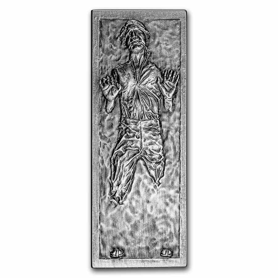 2022 Niue 3 oz Silver $10 Star Wars Han Solo in Carbonite Bar: 2022 Niue 3 oz Silver $10 Star Wars Han Solo in Carbonite Bar RBJ No: 249802 Year: 2022 Grade: Proof Grade Service: None Denomination: $10.00 Mint Mark: Not Shown Metal Content: 3 troy oz