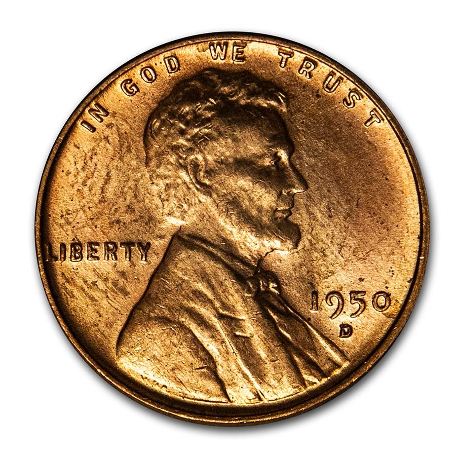 1950-D Lincoln Cent BU (Red): 1950-D Lincoln Cent BU (Red) RBJ No: 9848 Year: 1950 Grade: Brilliant Unc Grade Service: None Denomination: $0.01 Mint Mark: D - Denver Metal Content: 0 troy oz Purity: N/A <